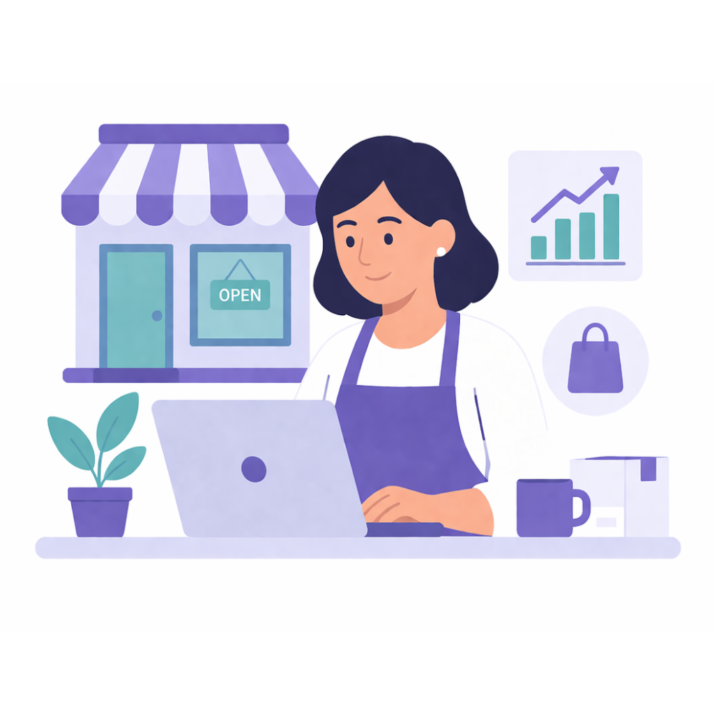 Illustration of a small business owner managing an online shop using a laptop